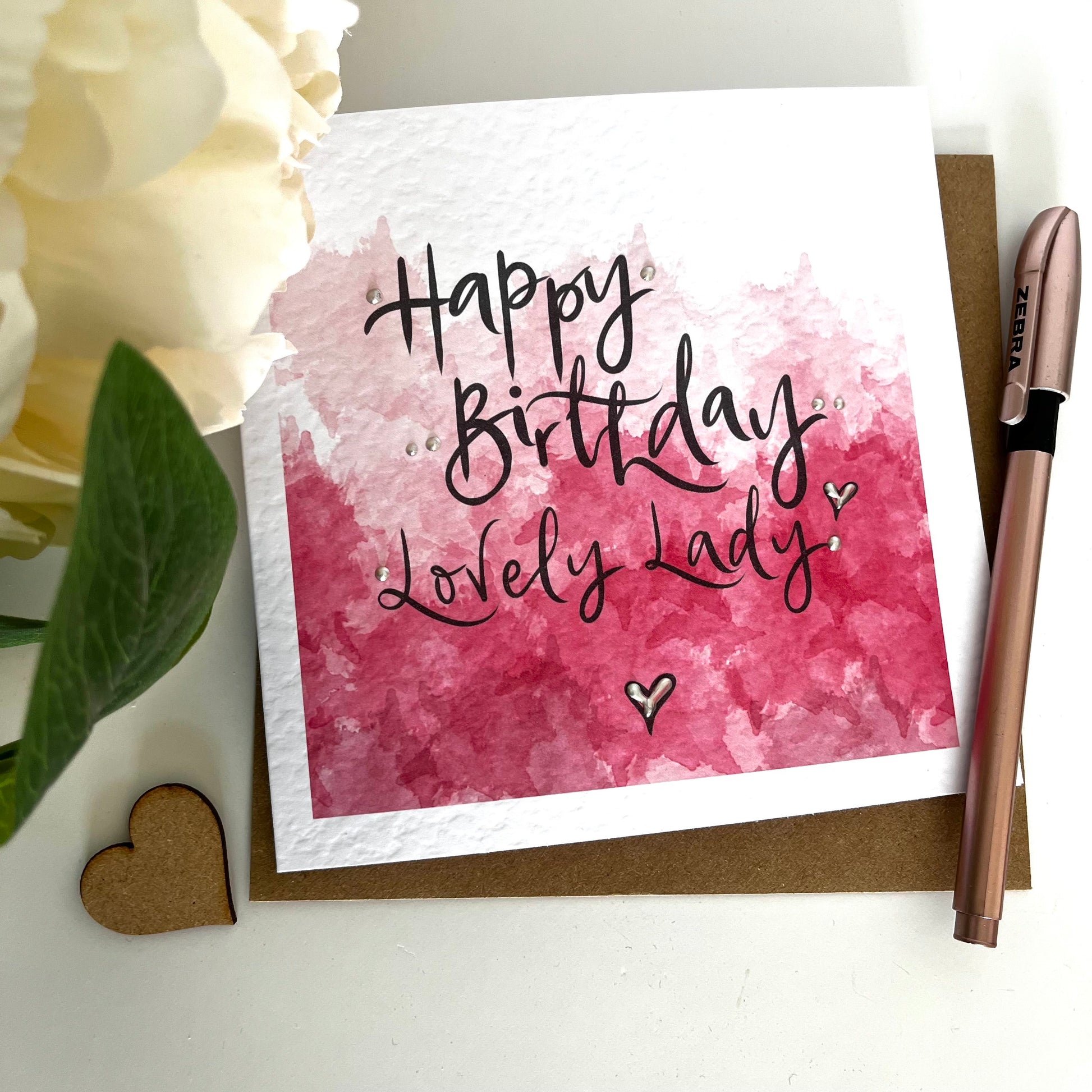 Pink Watercolour Happy Birthday Lovely Lady Card