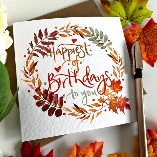 Autumnal Leaves Wreath Birthday Card