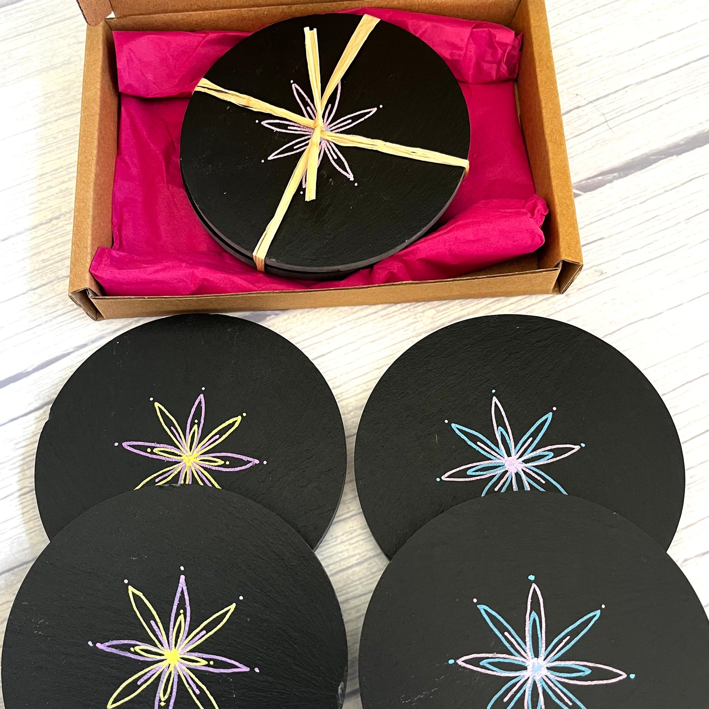 Hand-decorated Slate Coasters by Coppertop Cards