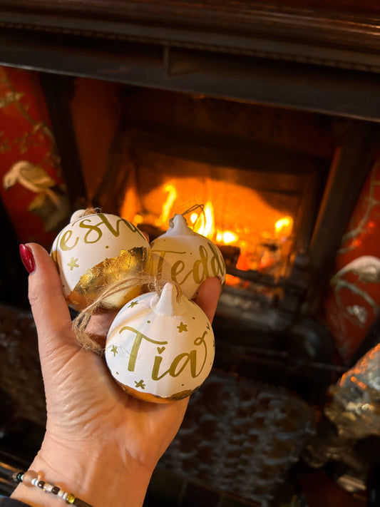 Hand lettered gold or silver leaf Christmas baubles