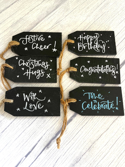 Hand-lettered slate gift tags by Coppertop Cards