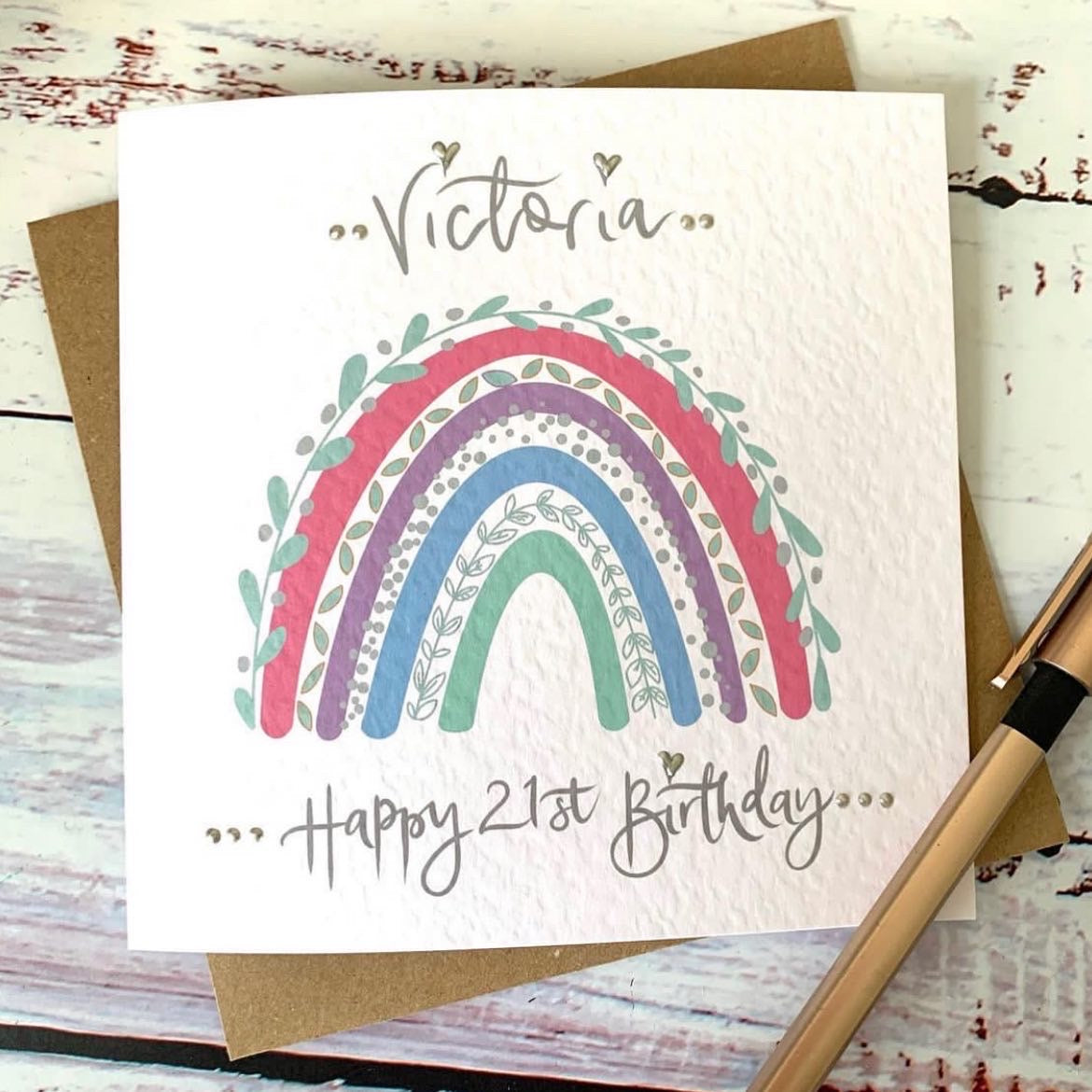 hand painted birthday card with rainbow and custom name 