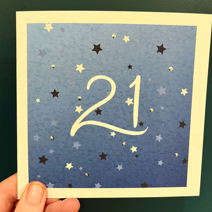 Star 21st Birthday Card in Blue