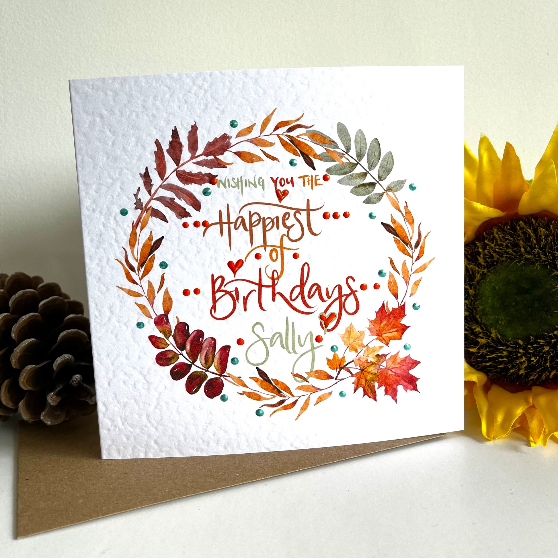 Personalised Name Autumnal Leaves Wreath Birthday Card