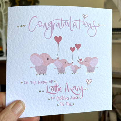 Personalised Congratulations on Baby Girl Card with Four Elephants