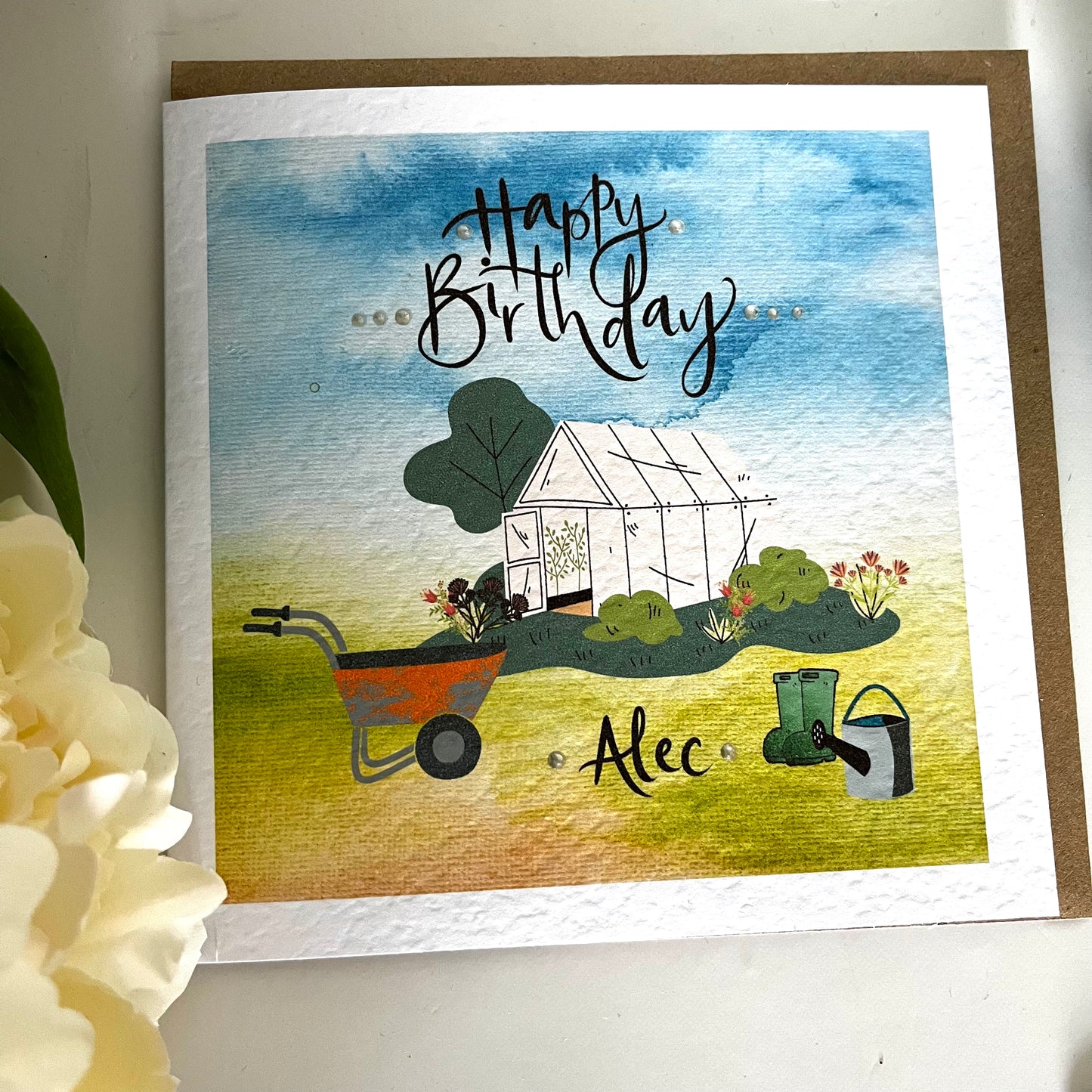 Personalised Gardening Scene Happy Birthday Card